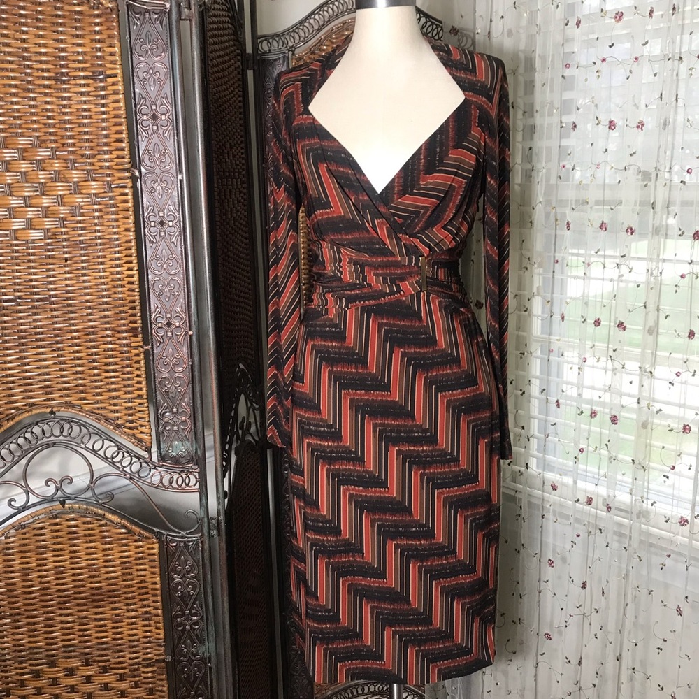 Anne Klein Chevron Wrap Dress in Rust and Black